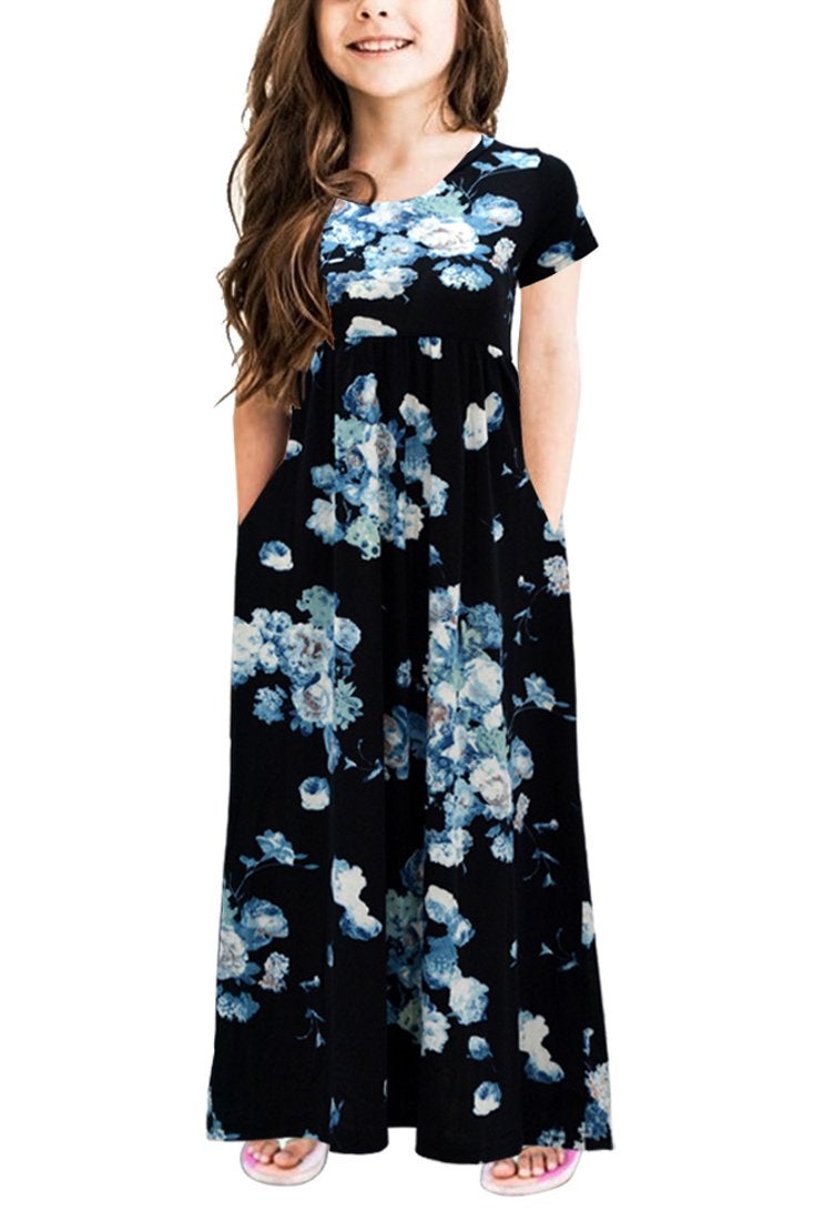 GORLYA Girl's Short Sleeve Floral Print Loose Casual Long Maxi Dress with Pockets (8Years/Height:130cm, Blue Print) - Image 1